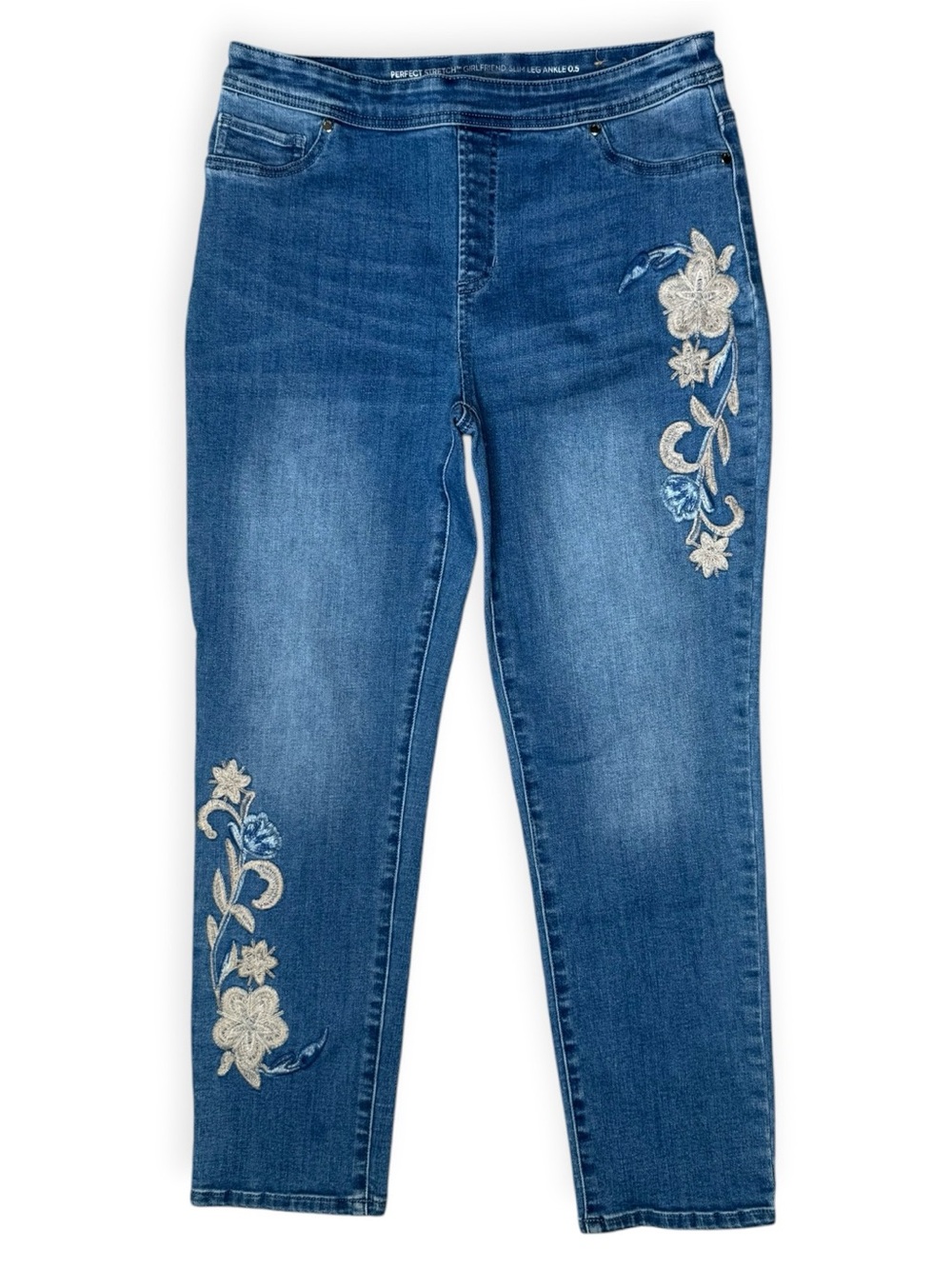 Chico’s Perfect Stretch Girlfriend Slim Leg Ankle Jeans US 6 Embroidered Floral